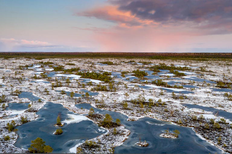 aerial photo of frozen peat bog