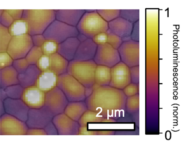 Light emitted from mosaic grains in a perovskite film