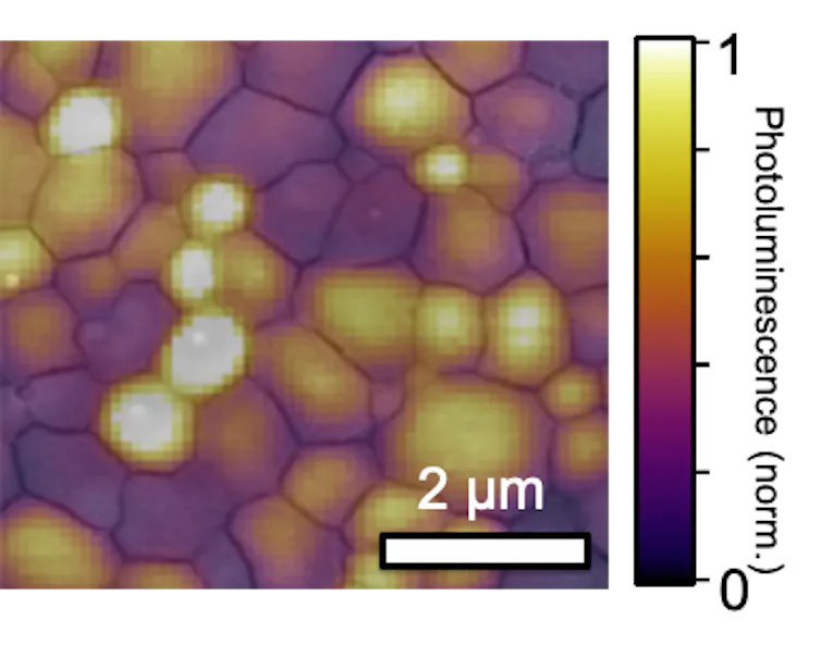 Light emitted from mosaic grains in a perovskite film