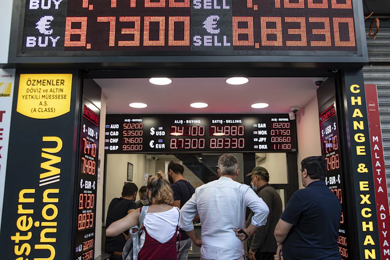 People queueing outside currency exchange in Istanbul