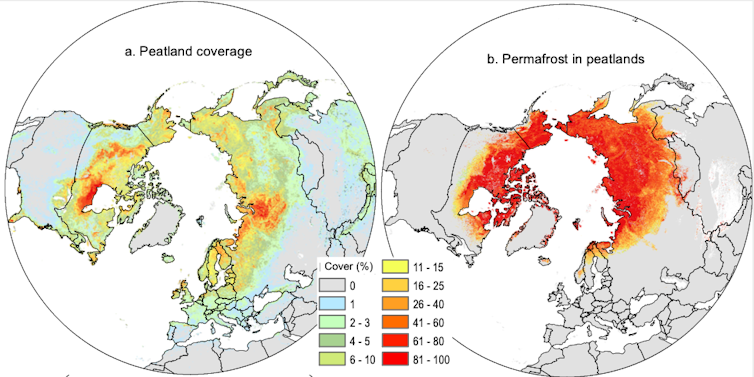 Maps showing the location of northern peatlands and permafrost.