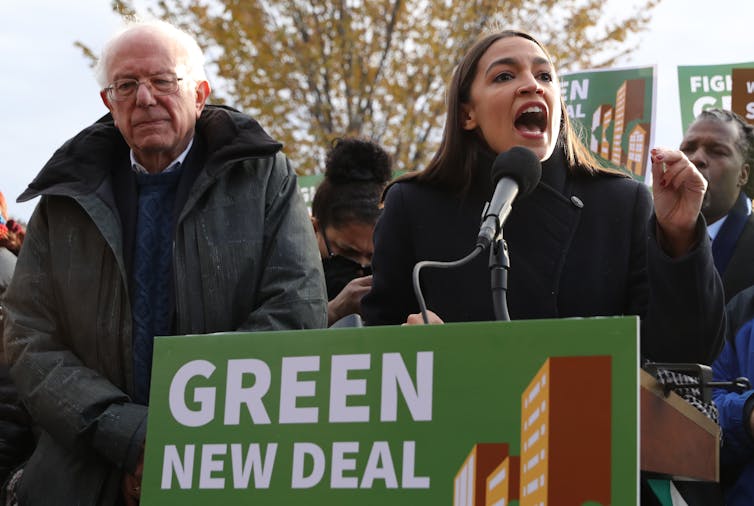 Democratic presidential candidate Sen. Bernie Sanders and Rep. Alexandria Ocasio-Cortez hold a news conference to introduce legislation to transform public housing as part of their Green New Deal proposal.