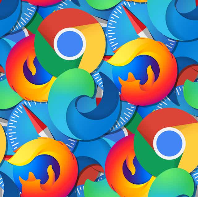 patterned background composed of major browser logos
