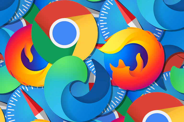 patterned background composed of major browser logos