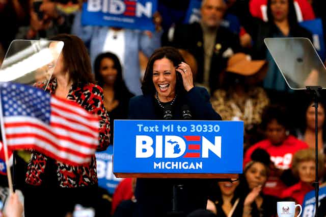 Kamala Harris at a Biden campaign lectern