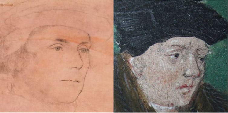 A comparison of a portrait of Richard Rich with a close up image in the Bible.