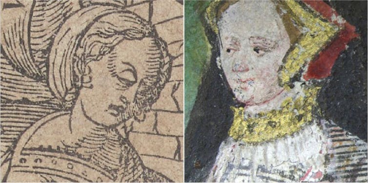 Black and white and colour Jane Seymour image side by side