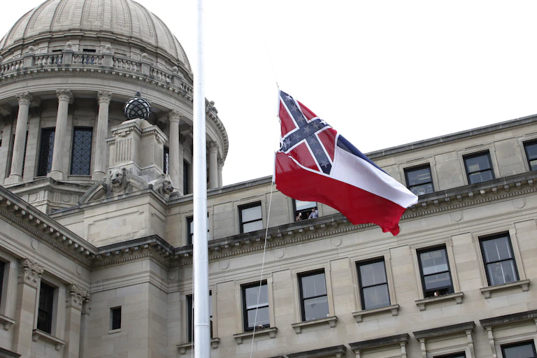 The Mississippi state flag flies at the state capitol.