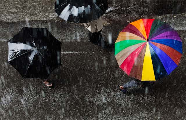View from above of three people holding umbrellas in a heavy rain, one umbrella is rainbow colored and two are black. 