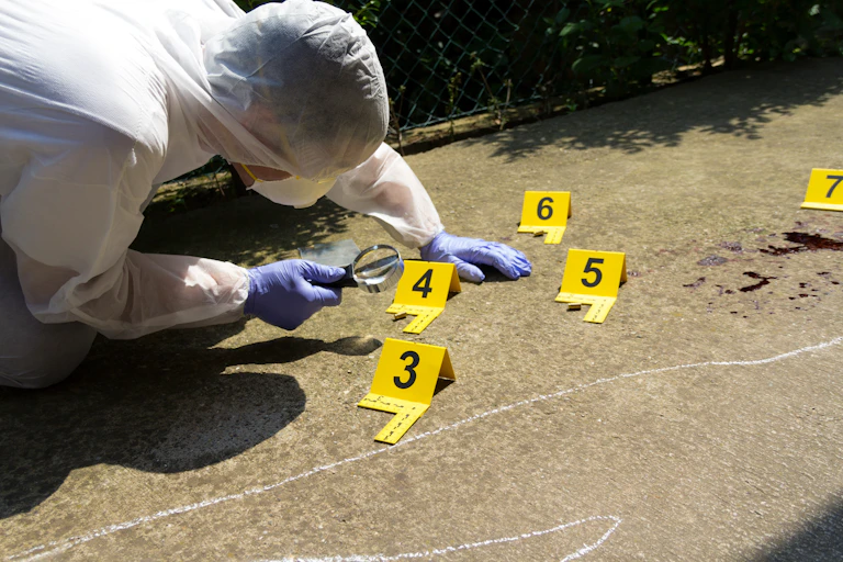 Forensic expert collects evidence at crime scene.