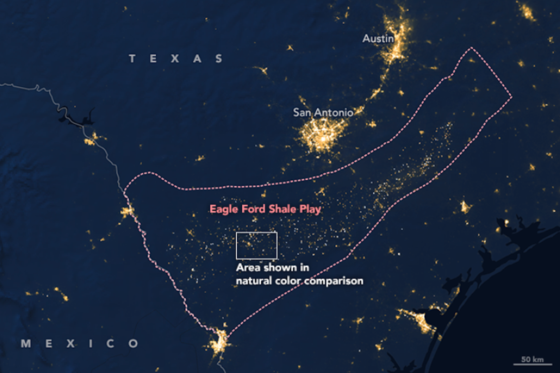 A satellite view of Texas at night shows gas flaring in the Eagle Ford shale region.