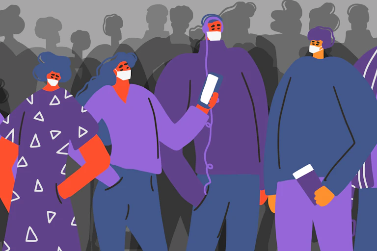 drawing of people wearing masks