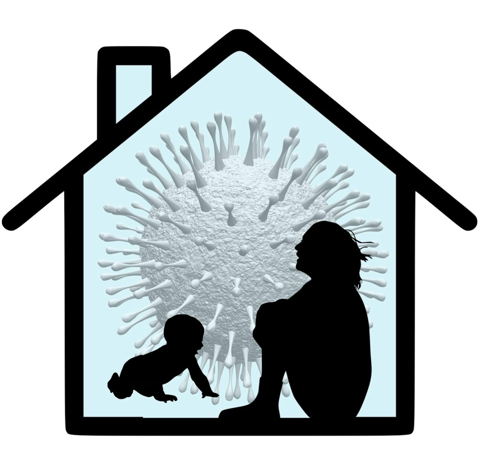 Siluetas de una mujer sentada, abrazada a sus rodillas, y un bebé gateando contra el contorno de una casa y una imagen de un coronavirus