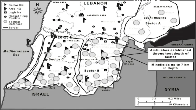 Carte du système de défense stratégique du Hezbollah, en juillet 2006.