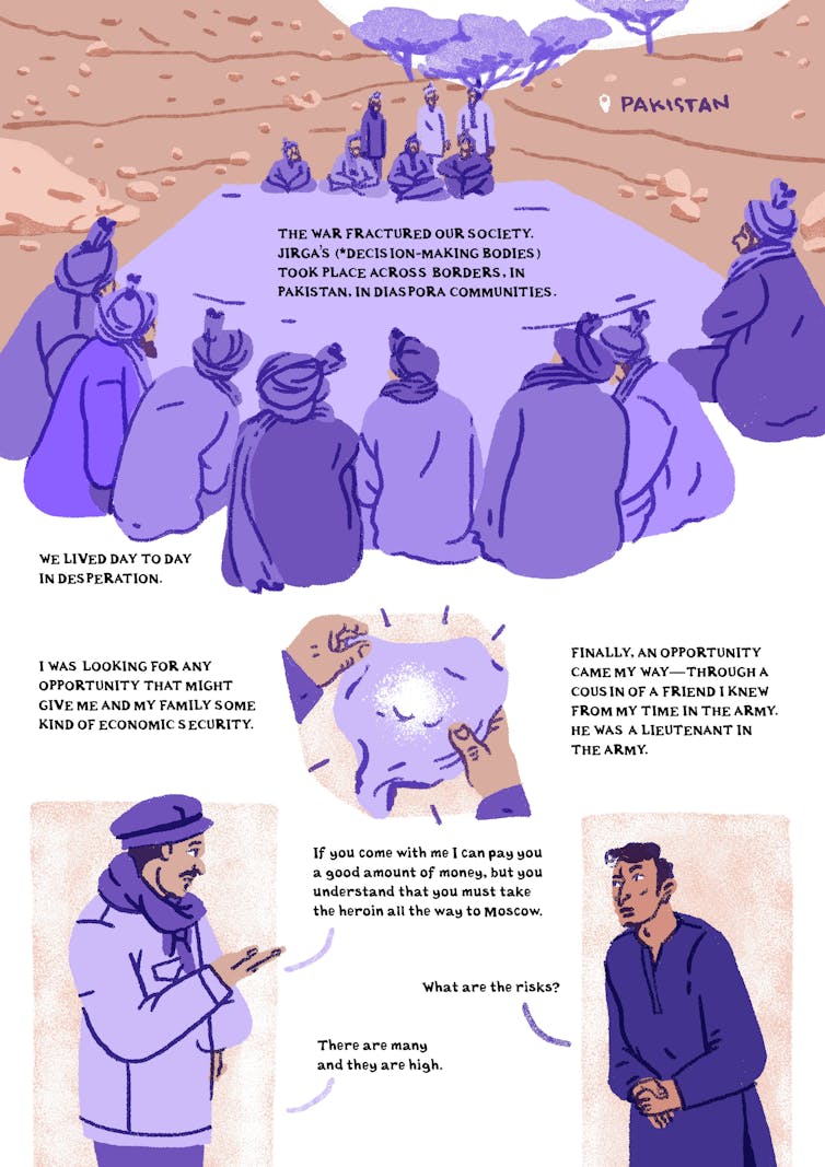 In the world's forgotten borderlands, the drug trade helps people survive – but at a cost 13 Comic showing Afghan man being asked to traffic drugs.