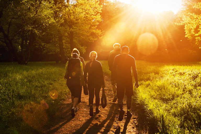 Group of young people walking towards sunset