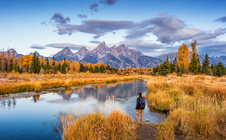 A person standing in front of a lake with trees and mountains in the background.