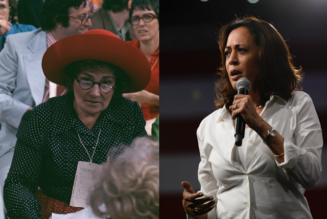 Photos of Congresswoman Bella Abzug, left, and Sen. Kamala Harris, right.