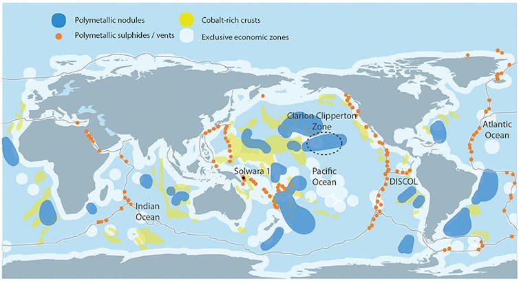 Map of world oceans showing where major metal deposits lie.