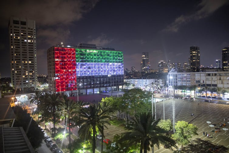 Tel Aviv's city hall lit up with the UAE flag.