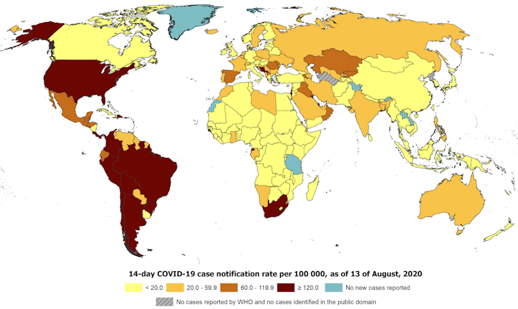 World map showing distribution of reported COVID-19 cases per 100,000 population for each country