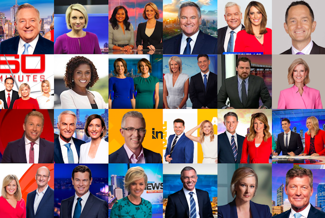 A collage of 32 different television news and current affairs broadcasts with only two people of colour across a wide selection of primetime presenters and hosts.
