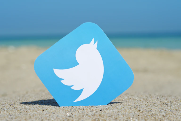 The Twitter logo sticking out of sandy ground.