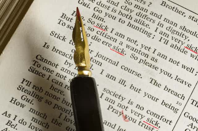 A fountain pen on top of a page of Shakespeare's writing.