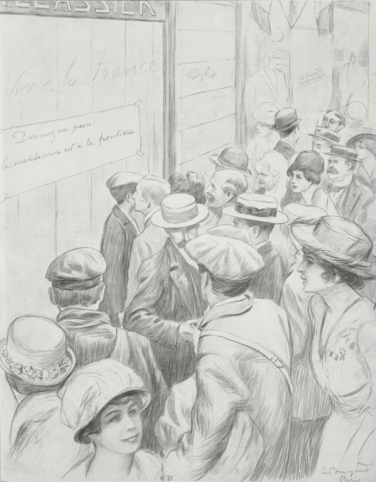 Drawing of Parisians in front of closed store in 1914