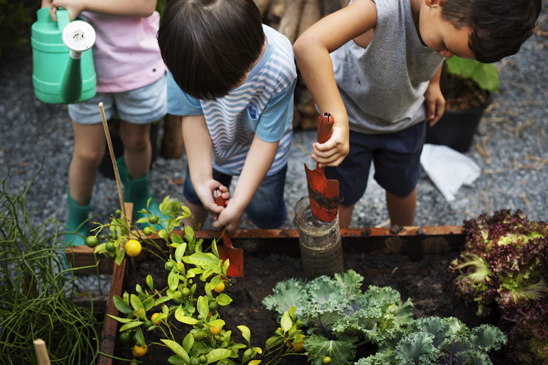 Children dig at a garden.