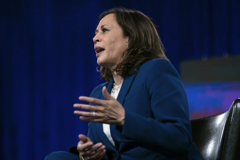 Kamala Harris in mid-speech