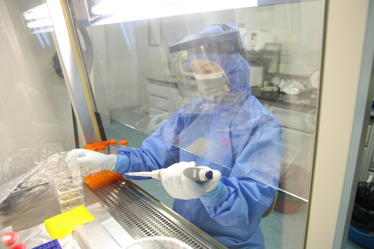 Scientist in protective gear pipetting under a hood