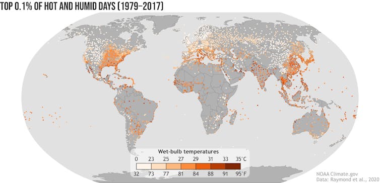 World map showing hot spots for the combination of heat and humidity.