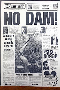 NO DAM headline on The Launceston Examiner in 1983.