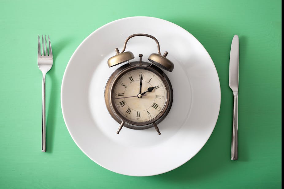 Clock on a white plate with a fork and knife on either side.