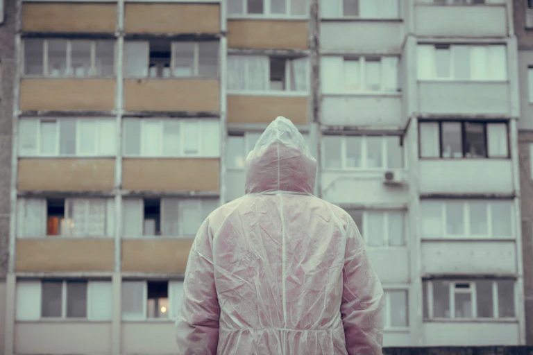 Una persona con un buzo blando, de espaldas, ante un edificio de viviendas.