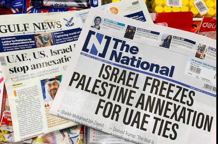 A photo of newspapers heralding the Israel-UAE 'peace deal'