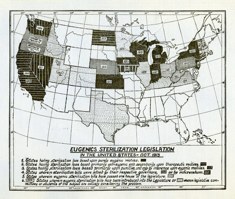 An old map of the United States showing the status of state eugenics laws in 1913. About half the states either have laws or are in the process of creating them.