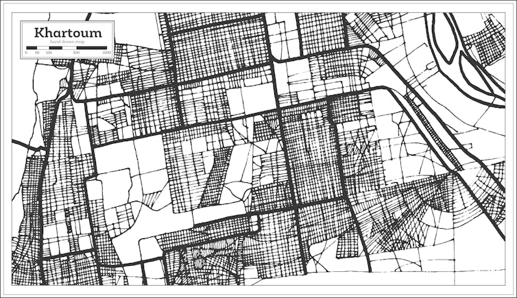 a hand drawn black and white map of the streets of Khartoum