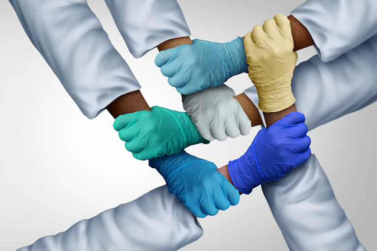 Seis manos con guantes de diversos colores y mangas de bata blanca entrelazadas.