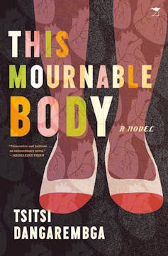 A book cover with an illustration of a black woman's legs in red and white shoes and stockings with human heart patterns.