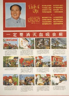 Poster showing Mao and workers trying to eradicate schistosomiasis