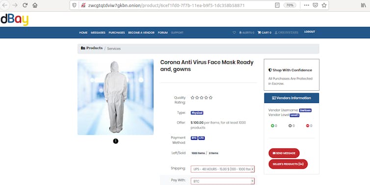Darknet website product page showing protective gown