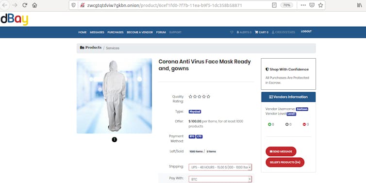 Página de produto do website Darknet mostrando bata de proteção