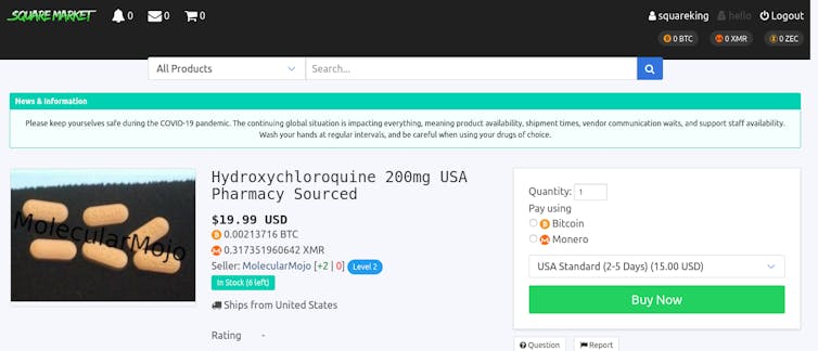 Página de produto do site Darknet mostrando comprimidos de hidroxicloroquina