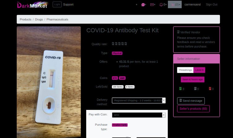 Darknet website product page showing COVID-19 antibody test
