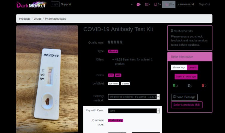 Página de produto do site Darknet mostrando teste de anticorpos COVID-19