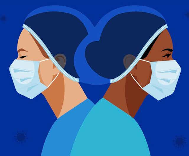 Illustration of two nurses wearing PPE and facing in opposite directions, against a blue background with darker blue coronaviruses