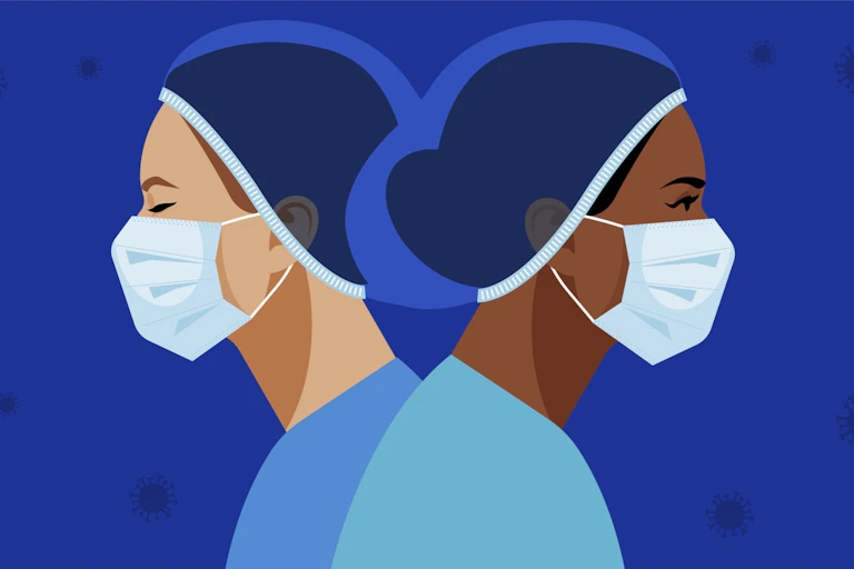 Illustration of two nurses wearing PPE and facing in opposite directions, against a blue background with darker blue coronaviruses