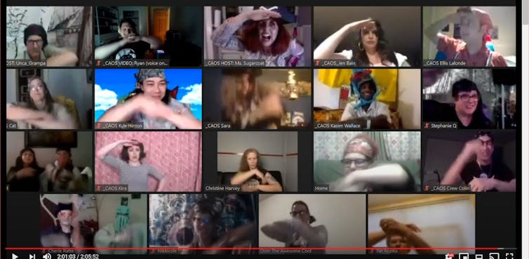 Four rows of screenshots showing online participants dancing at Slamalicious.